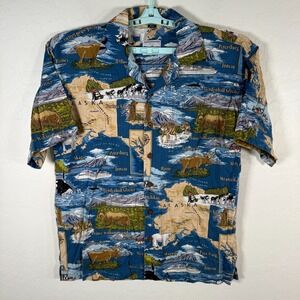 David Carey Shirt‎ Mens Large Blue Alaska Map Hawaiian Camp Collar Rayon Cotton